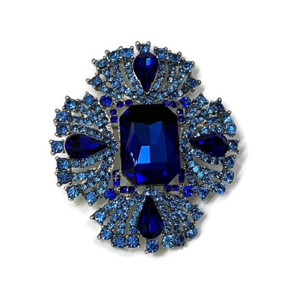 Blue Rhinestone Cross/Flower Brooch - Picture 2 of 8